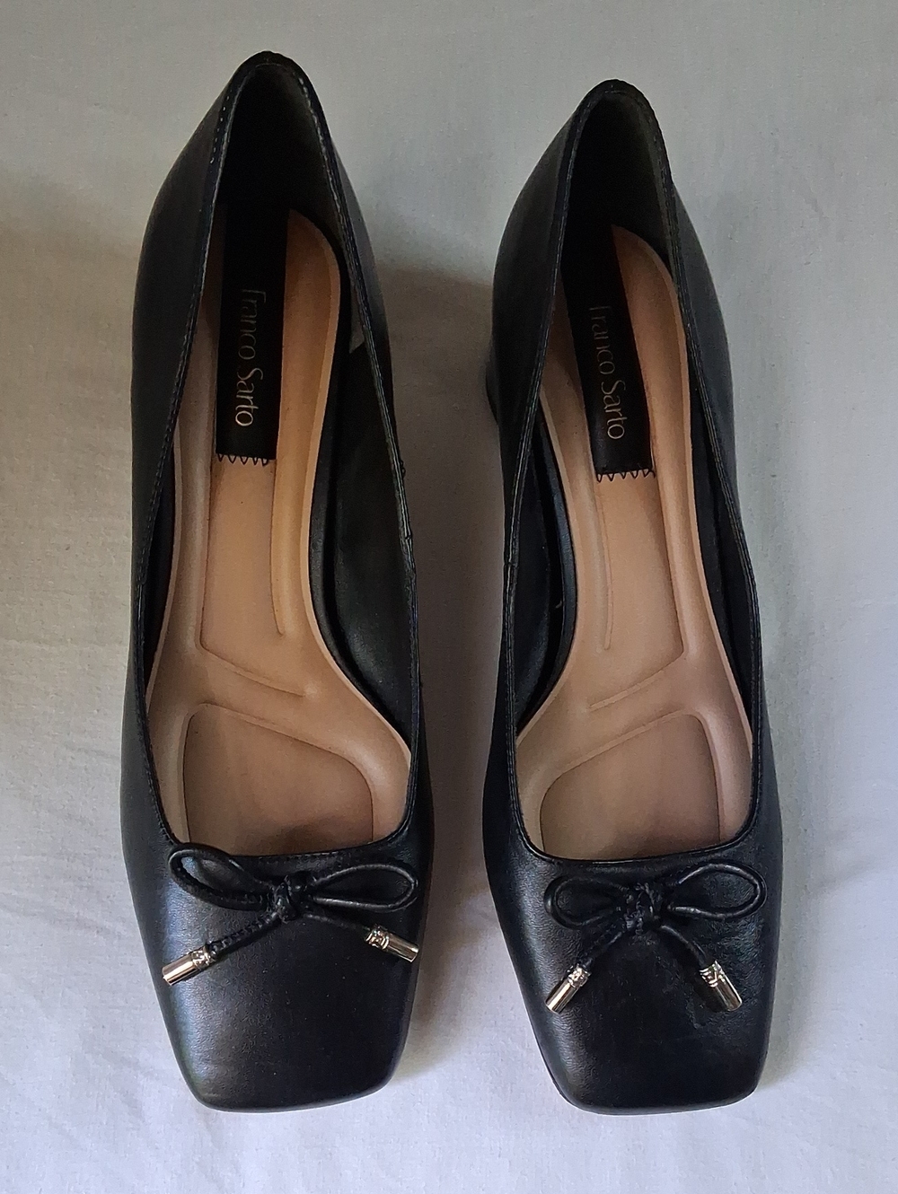 Franco Sarto Black Leather Square-Toe Ballet Flats with Bow
